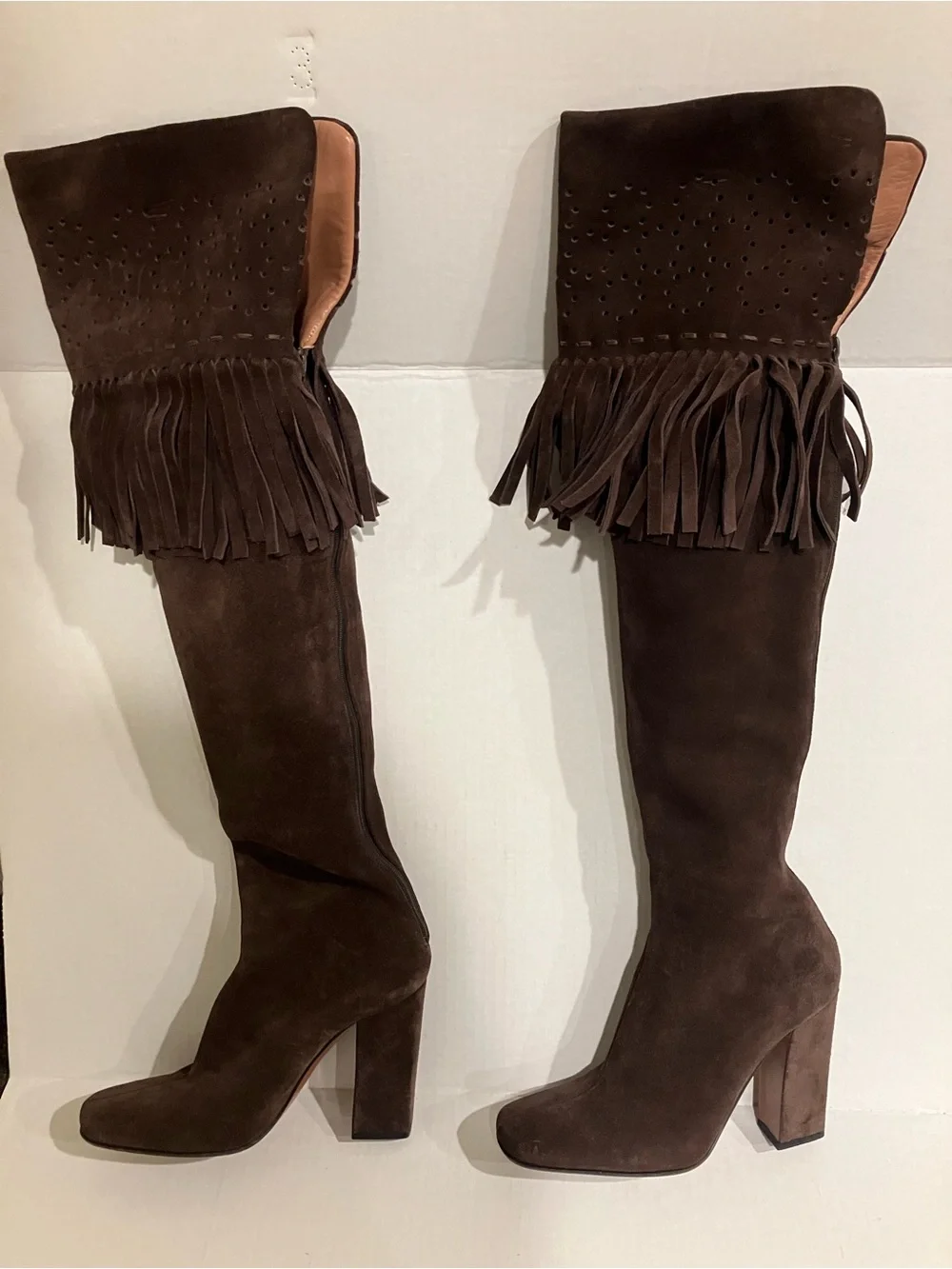Alaia authentic Dark Brown Suede Over-the-Knee Fringe Boots